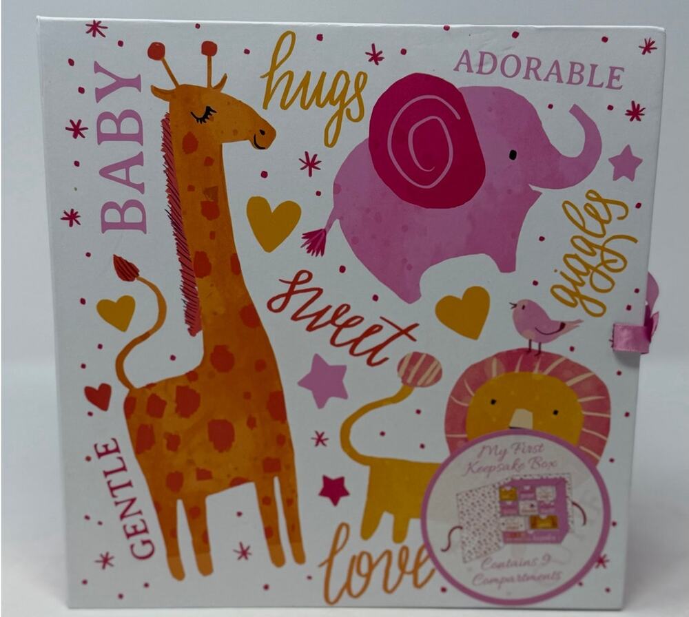Baby Girl My First Keepsake Box‎ Orange Giraffe Pink Elephant Nine Compartments